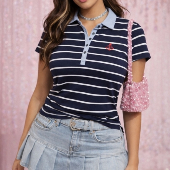 Tommy Hilfiger Tops - Tommy Hilfiger Blue Striped Layered Polo Size XL Anchor